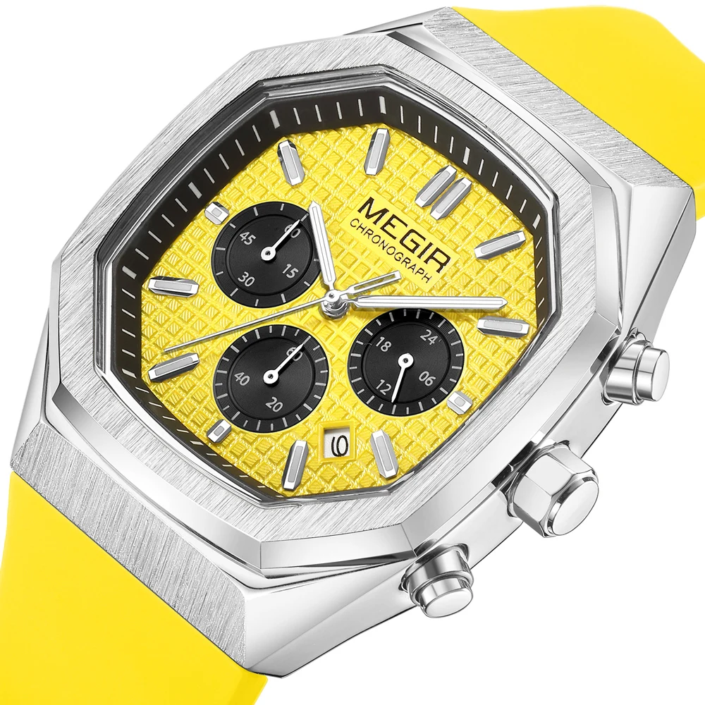 MEGIR Octagon Dial Silicone Strap Watch for Men Casual Yellow Chronograph Quartz Male Student Wristwatch with Date 24-hour 2215