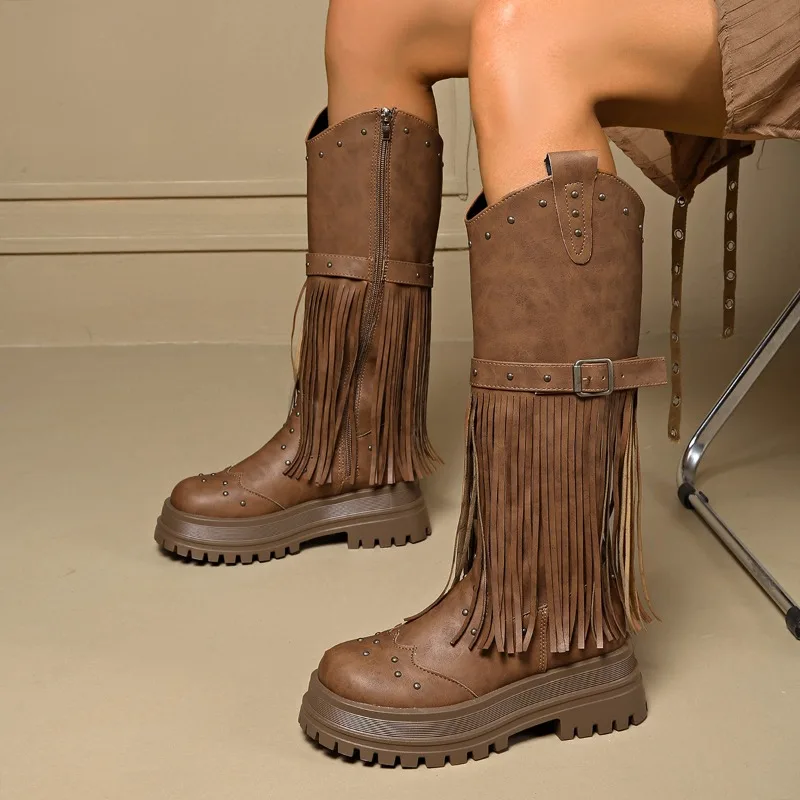 شرابة أحذية طويلة خريف شتاء موضة جديدة جولة تو الجانب البريدي منصة رصع كتلة كعب الأحذية #5