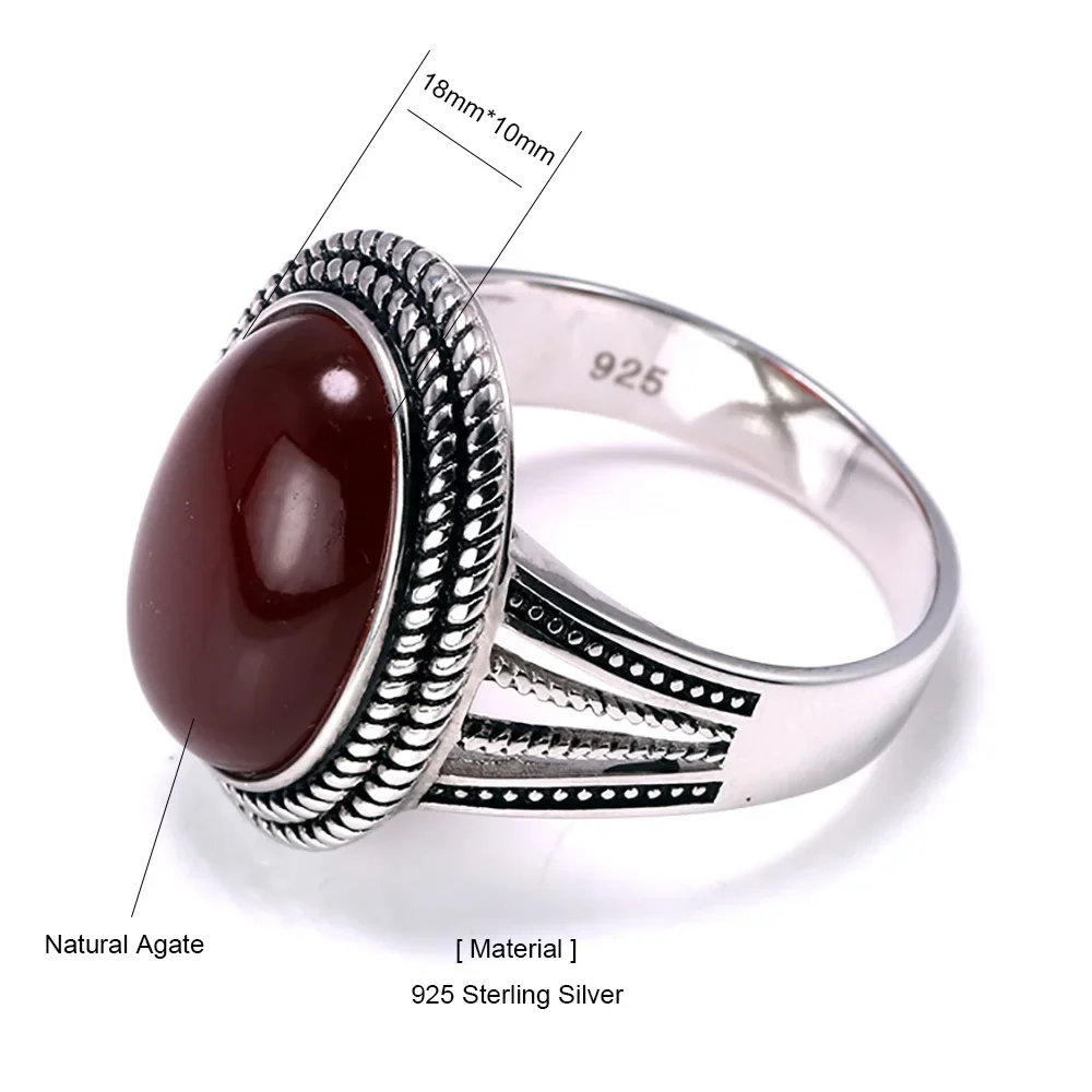 Genuine 925 Sterling Silver Rings Vintage Mens Rings with Green Red Original Agate Stone Retro Hollow Design Silver 925 Jewelry