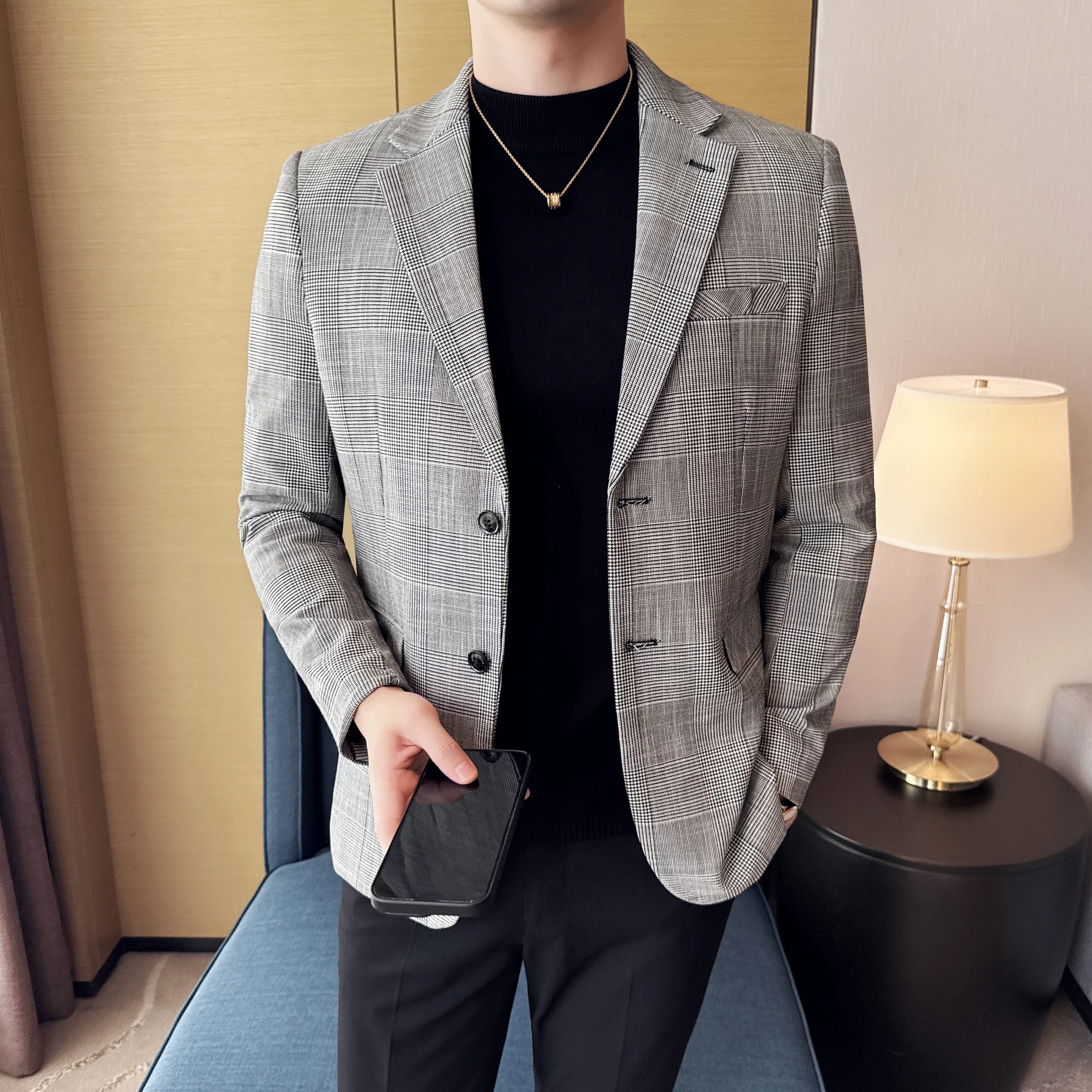 

Корейский осенний приталенный пиджак для мужчин, повседневный пиджак с узором «гусиные лапки», деловой свадебный пиджак для жениха Masculino M-5XL