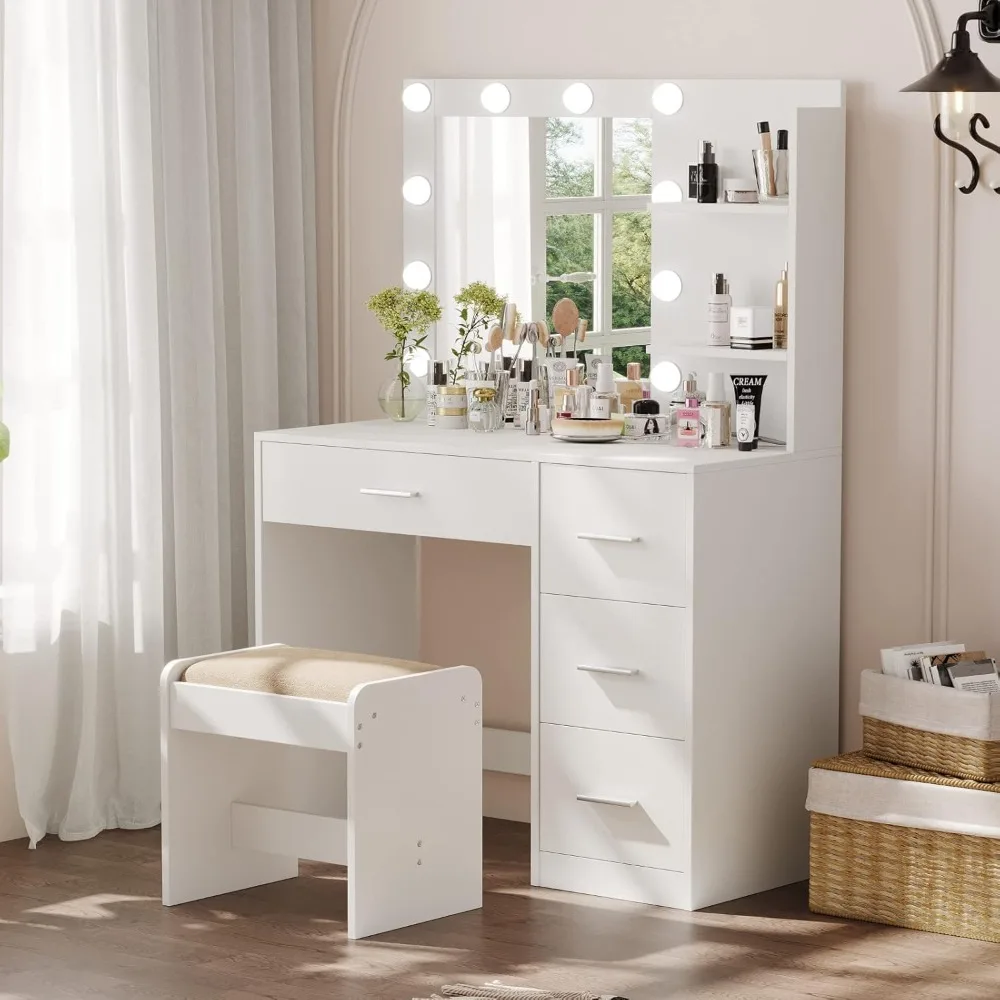 Escritorio de tocador con espejo y luces, tocador de maquillaje con estantes de almacenamiento y 4 cajones, tocador de dormitorio,
