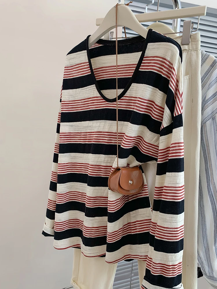 Striped Sun Protection T-shirt For Women Round Neck Long Sleeve Top Fashion Casual Loose Tops 2024 Autumn New