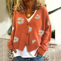 Women Cardigan Daisy Flowers Embroidery Knitted Sweater Autumn Long Sleeve Knitwear Black Gray Orange Green Yellow Cardigan