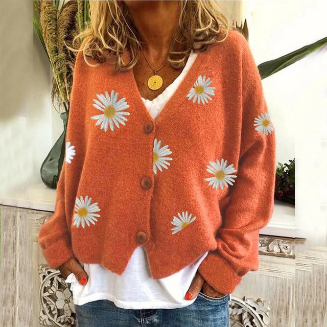 Dames Vest Daisy Bloemen Borduurwerk Gebreide Trui Herfst Lange Mouw Breigoed Zwart Grijs Oranje Groen Geel Vest AliExpress
