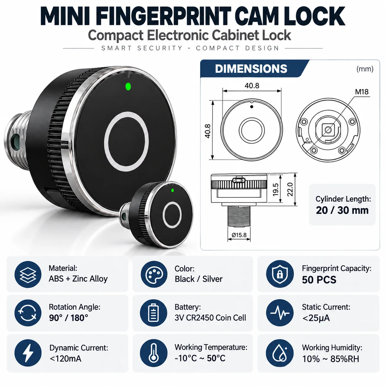 Fingerprint Cam Lock Smart Biometric Cabinet Drawer Lock Keyless Zinc Alloy Auto Lock USB mergency Power for Office Furniture