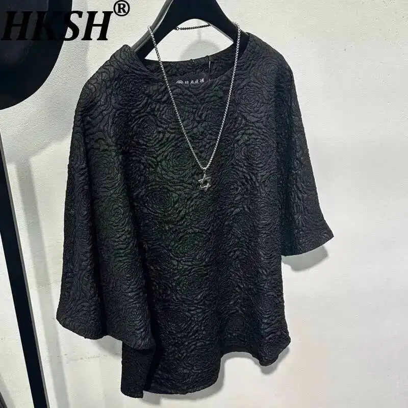 HKSH Summer New Men's Tide Dark Niche Short-Sleeved T-shirt Loose Oversized Wide Cut Jacquard Waffle Batwing Sleeve Tees HK24388