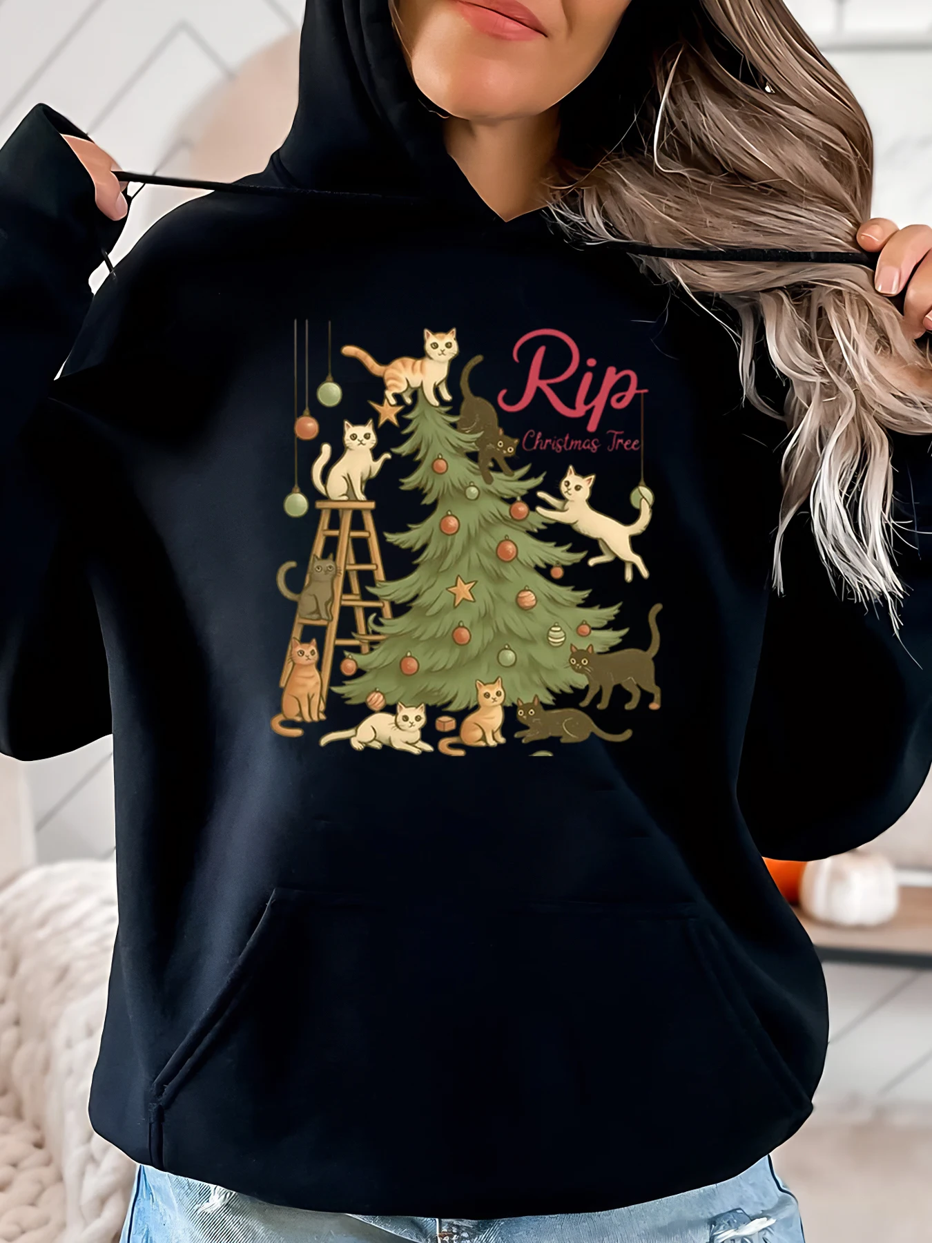 

Толстовка с принтом «Рождественская елка» «Кошки разрушают» Женская повседневная праздничная одежда черного цвета больших размеров