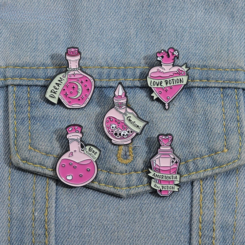 Potion of Magic Love Enamel Pins Custom Dream Chemical Bottle Witch Wizard Brooches Lapel Badges Gothic Jewelry Gift Wholesale