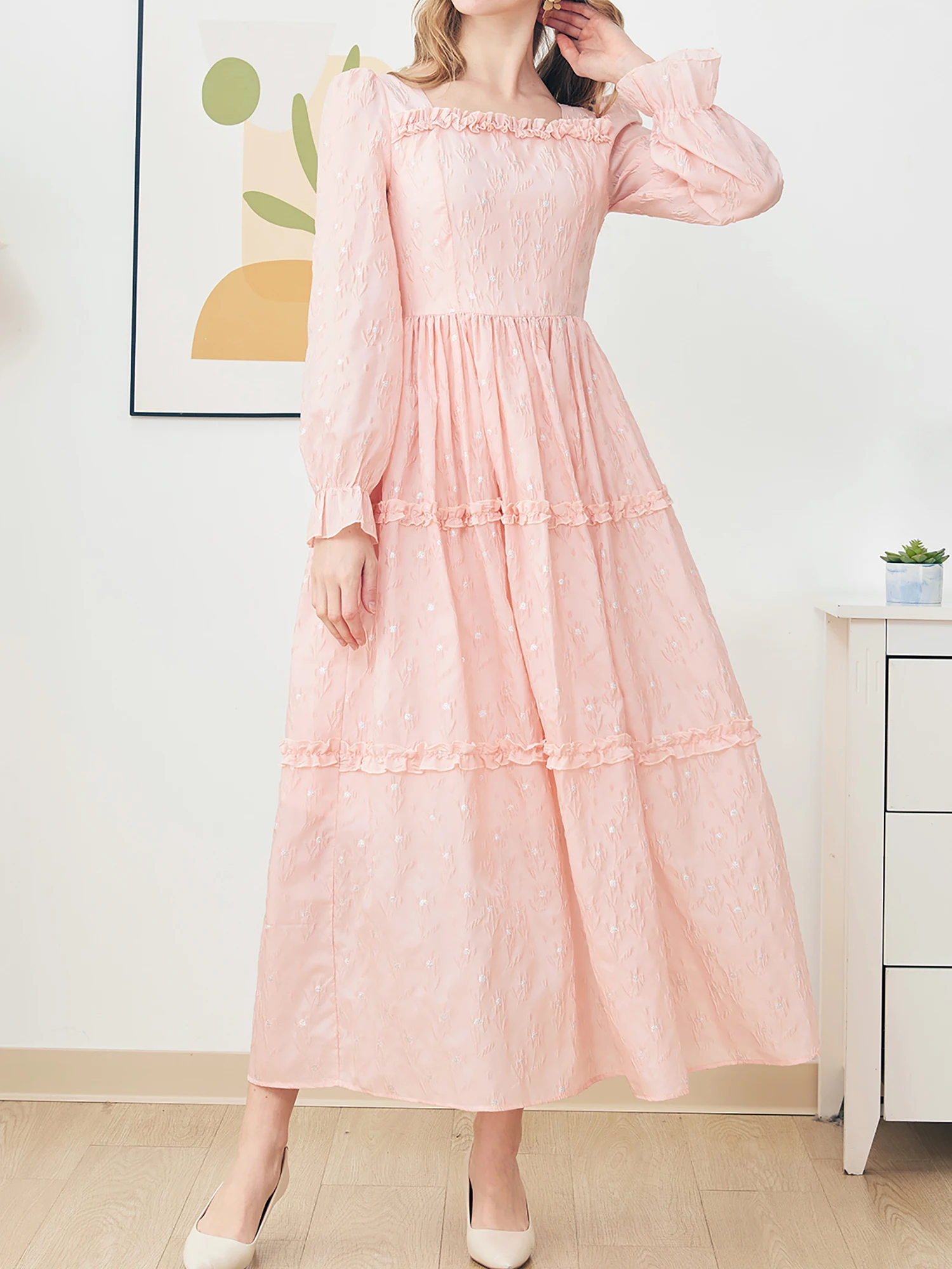 

DEVCHATA Plus Size Fall Winter Floral Elegant Dress Fashion Jacquard Pink A Line Simple Guest Dress Female Party Clothing