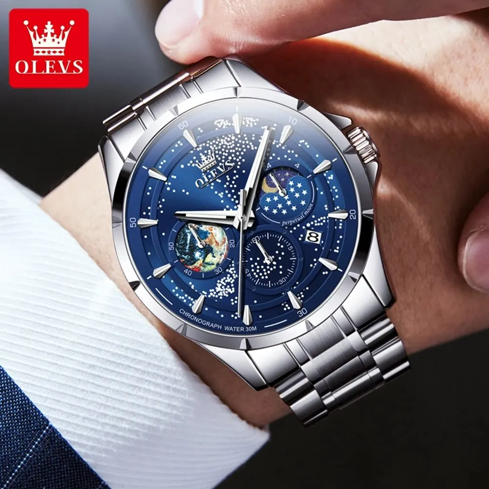 OLEVS 5538 Original Watch for Men Luxury Starry Sky Dial Mens Wristwatch Stainless Steel Waterproof Moon Phase Chronograph Watch