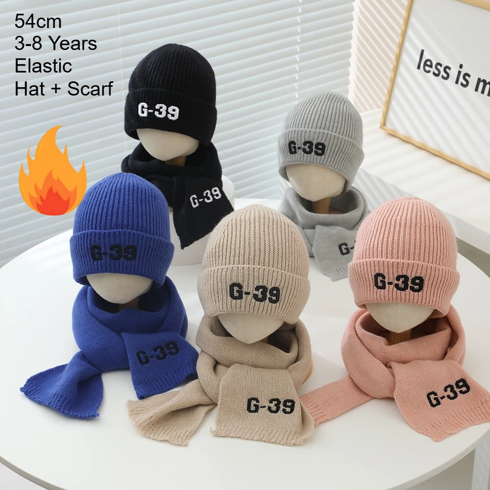 

Kids Thickened Fleece Lined Hat Scarf 2pcs Set Girls Warm Knitted Ear Protection Cap Boys Winter Windproof Cold Proof Warm Hats