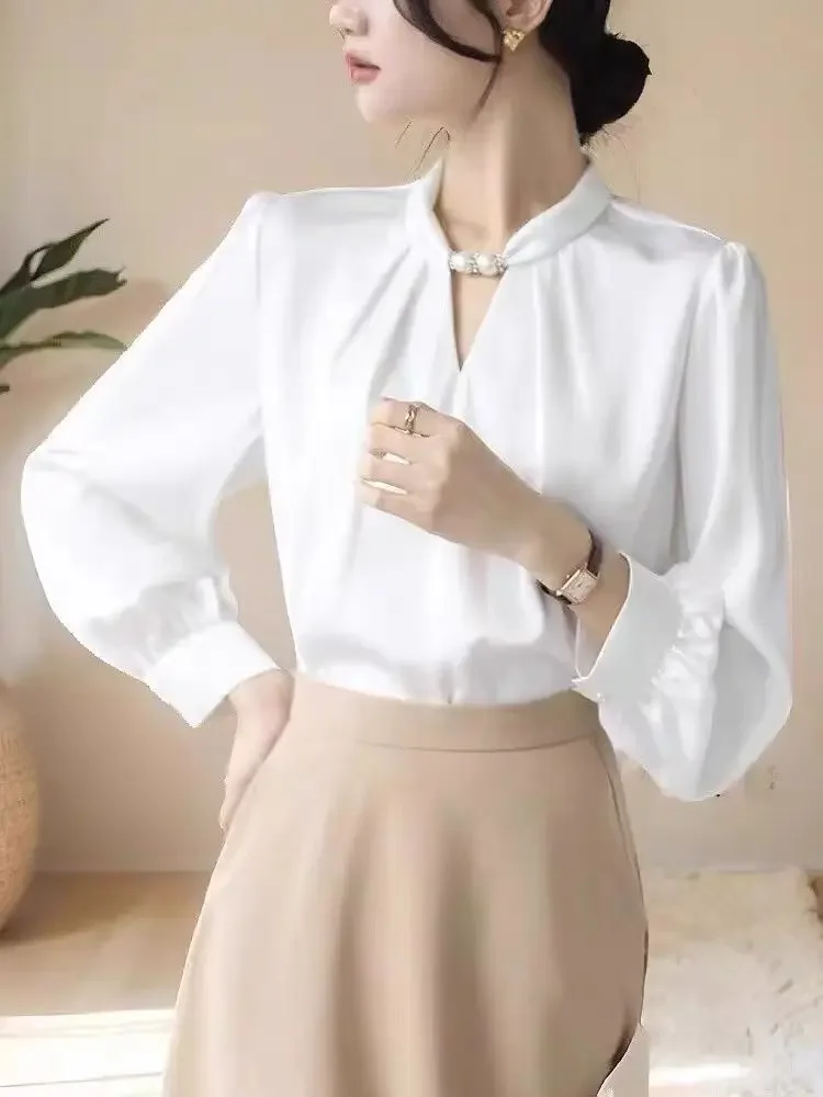 Women\'s Elegant Blouse Satin White Stand Collar Beaded Shirts Pullover Korean Fashion Temperament Office Lady Women Shirts New