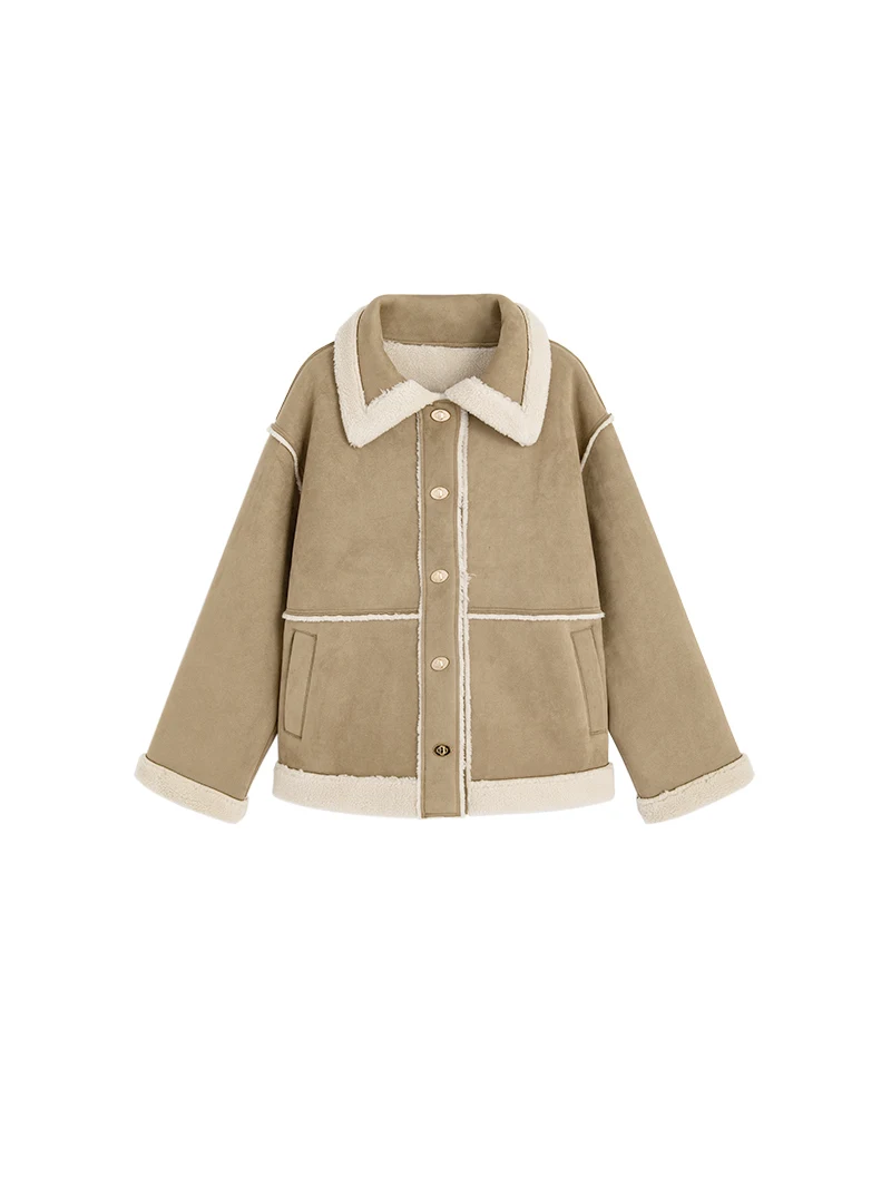 Faux Shearling Suede Jacket Women Winter Thick Warm Short Plush Coat Fleece Lined Fur-Look Outerwear Cold Weather Casual Style