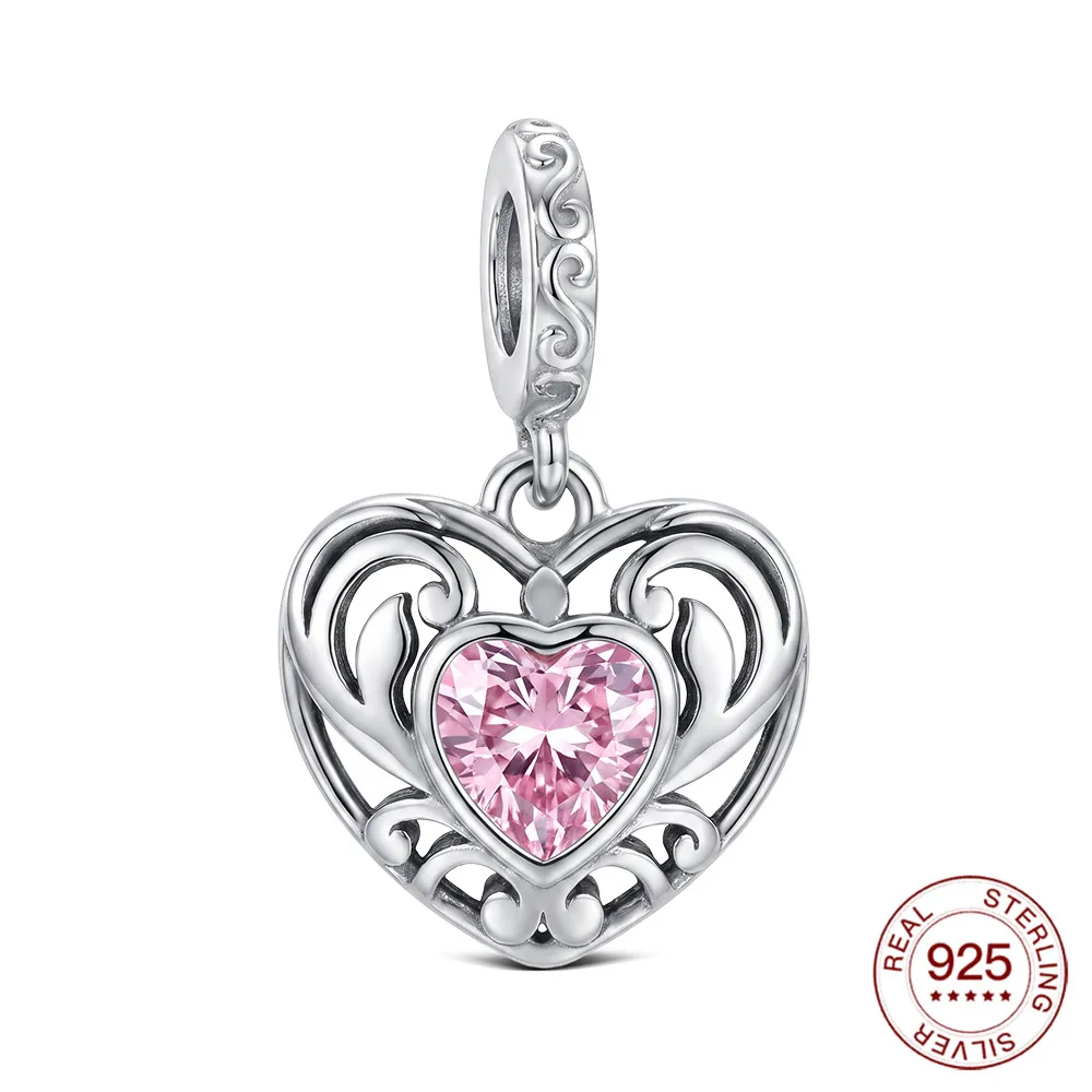 925 Sterling Silver Vintage Vine Pink Heart Pendant Original Charm For Women DIY Bracelet Making Sweet Gift For Her Collection