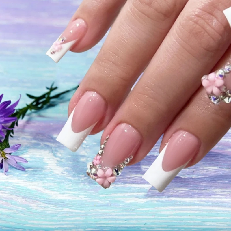 24Pcs French Square False Nails With Rhinestones Detailing And 3D Floral Stick On Nails Manicure For Fashionistas Drop Shipping