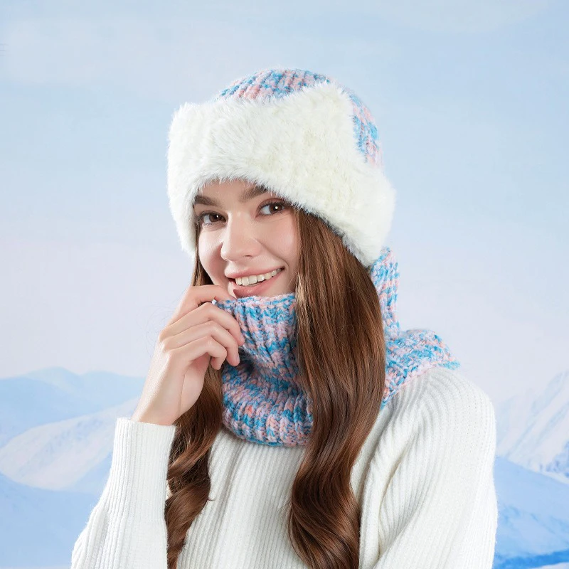 

Winter warm hat scarf set-Korean style fashionable pullover knitted hat for ladies outdoor cold protection ear protection woolen