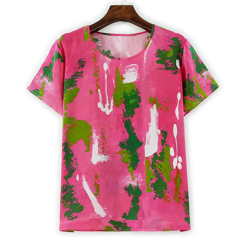 BirdTree-zijde dubbel crêpe elegant T-shirt, O-hals korte mouw print, damesmode losse tops voor woon-werkverkeer, 2026 lente T5D859CC