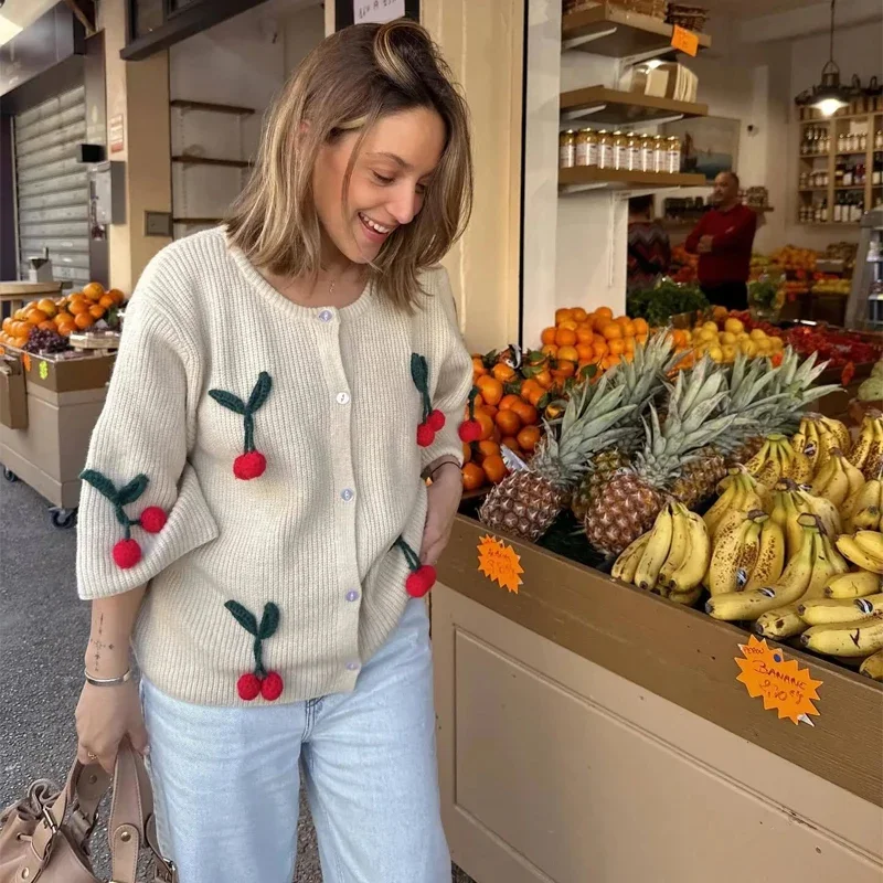 TRAF-Cardigan à Manches Courtes et Col Rond pour Femme, Tricot Blanc Cassé, Élégant, Haut Assressenti, Nouvelle Collection Printemps 2024