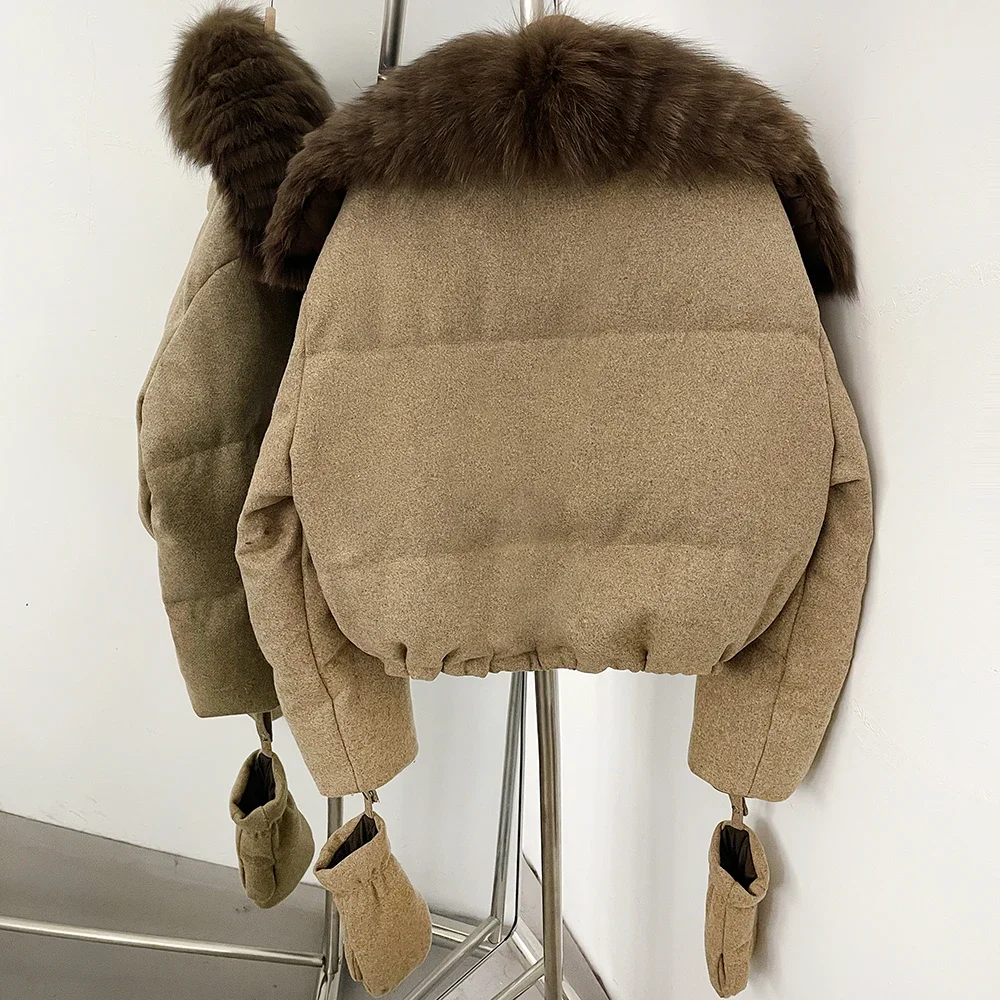 OFTBUY Duck Down Coat with Matching Gloves New Winter Warm Outerwear with Real Fox Fur Women Luxury Wool Blend Puffer Jacket