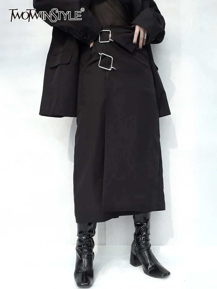 

TWOTWINSTYLE Solid Loose Casual Patchwork Belt Skirt For Women High Waist Minimalist A Line Skirts Female Fashion Style Clothes