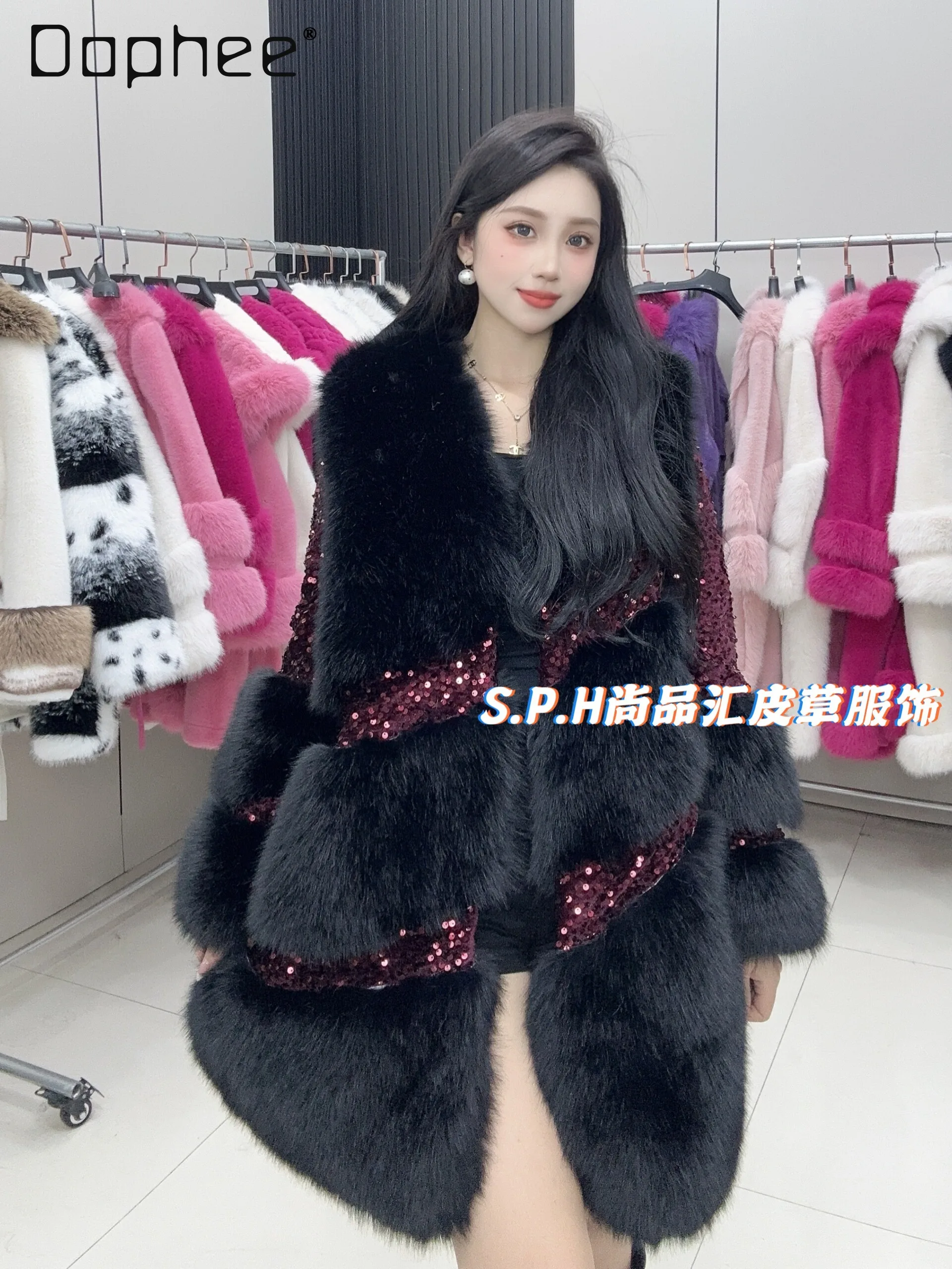 Heavy Industry Sequined Warm Faux Fur Jacket Women 2024 Autumn and Winter Shiny Diagonal Striped V-neck Long-sleeved Jacket