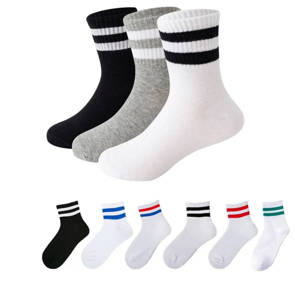 Kids Classic Two Stripes Cotton Crew Socks Retro Old School Children Baby Boys Girls Ankle Socks Hiphop Skate Black White Socks