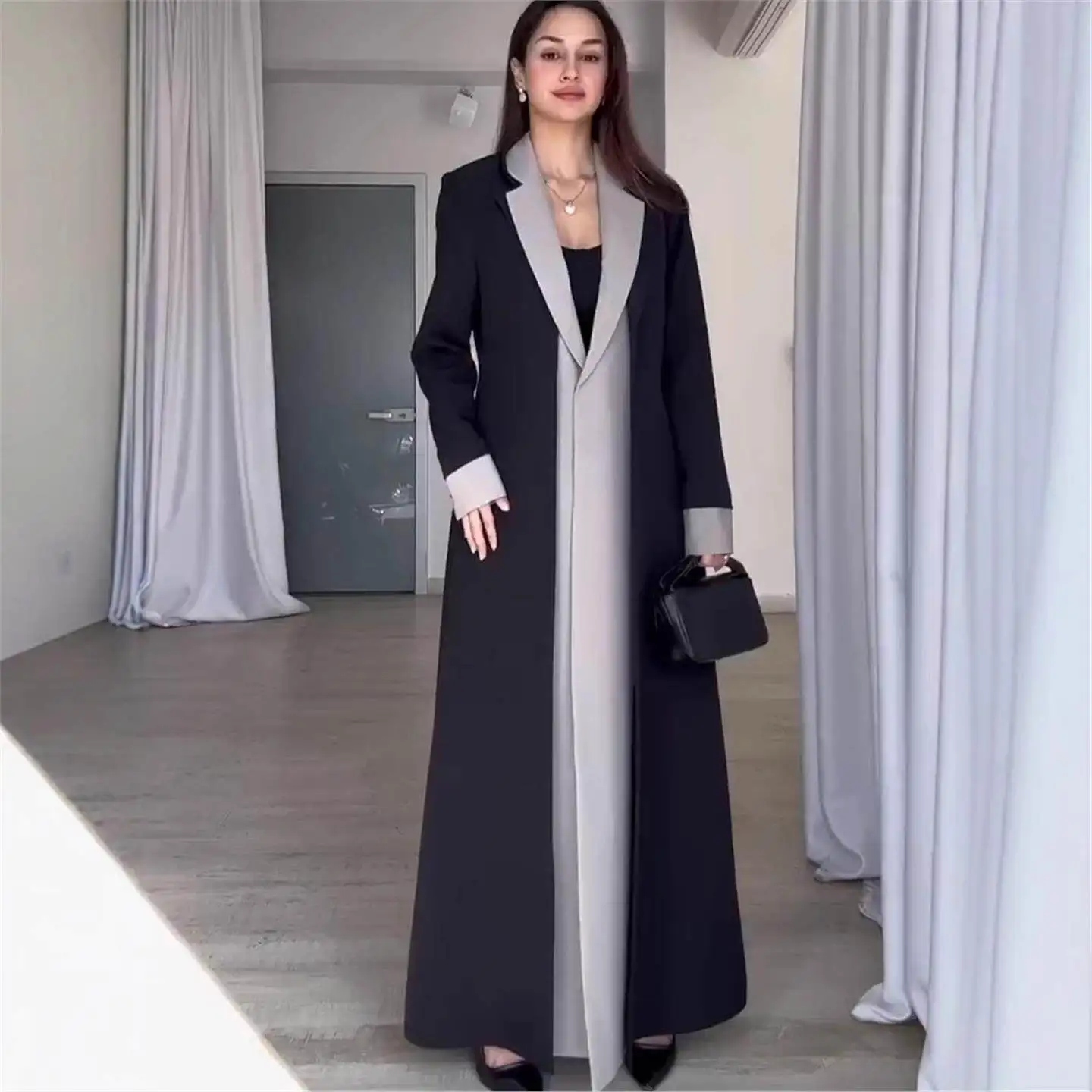 

Long Length Color Blo Suit Collar Commuter Coat Women's Ele Outerwear Faionable European Sle Winter PU Material