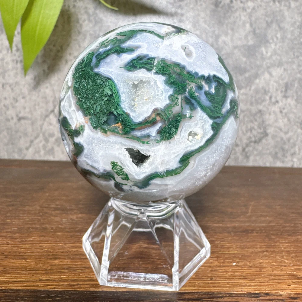 Moss Agate Sphere Crystal Natural Stone Quartz Stone Minerals Home Decoration Reiki Craft Gifts Energy Healing Love +Stand