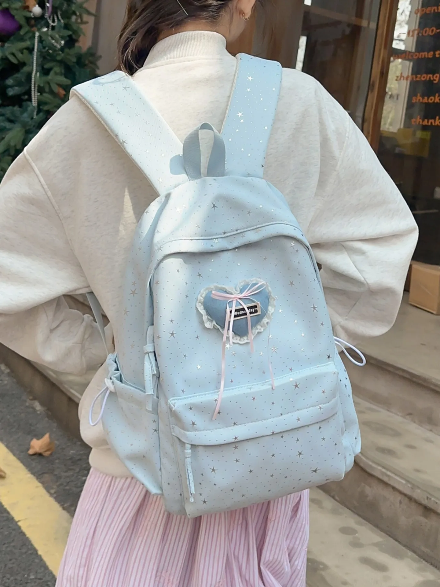 ブルー大容量防水スターデザインバックパック中学生と高校生の女の子向け韓国スタイル多用途ダブルショルダーバッグ