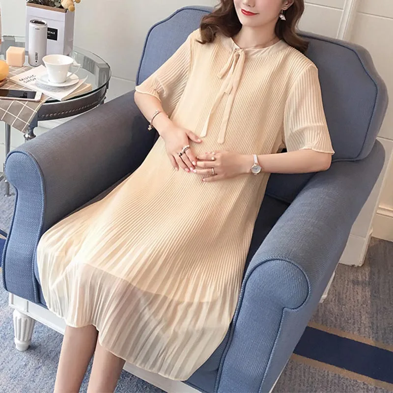 Maternity Summer Clothes Block Collar Bowknot Collar Pregnant Women Pleated Shirts Pregnnacy Chiffon Blouses Maternity Dress