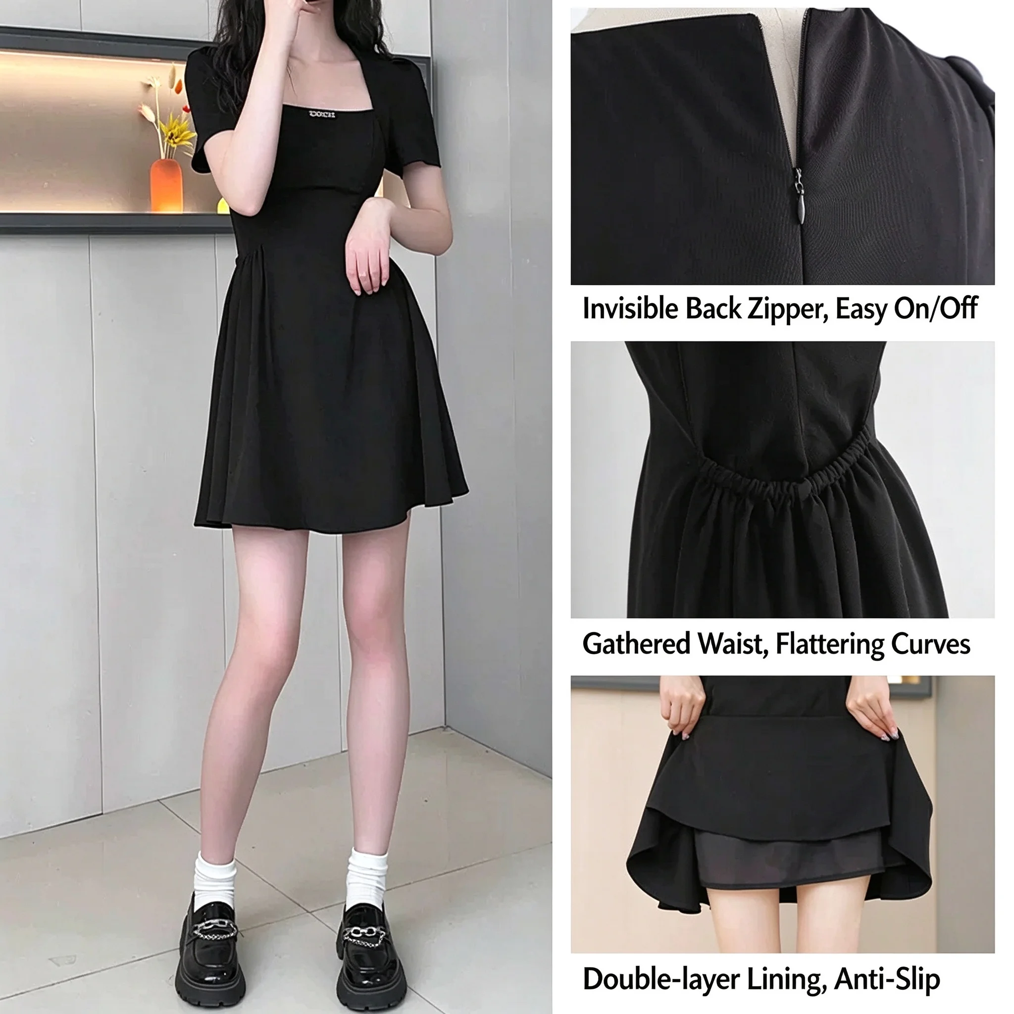 Women Black Square Neck Mini Dress Puff Sleeve High Waist A-line Skater Dress Ruched Party Casual Dress with Built-in Shorts