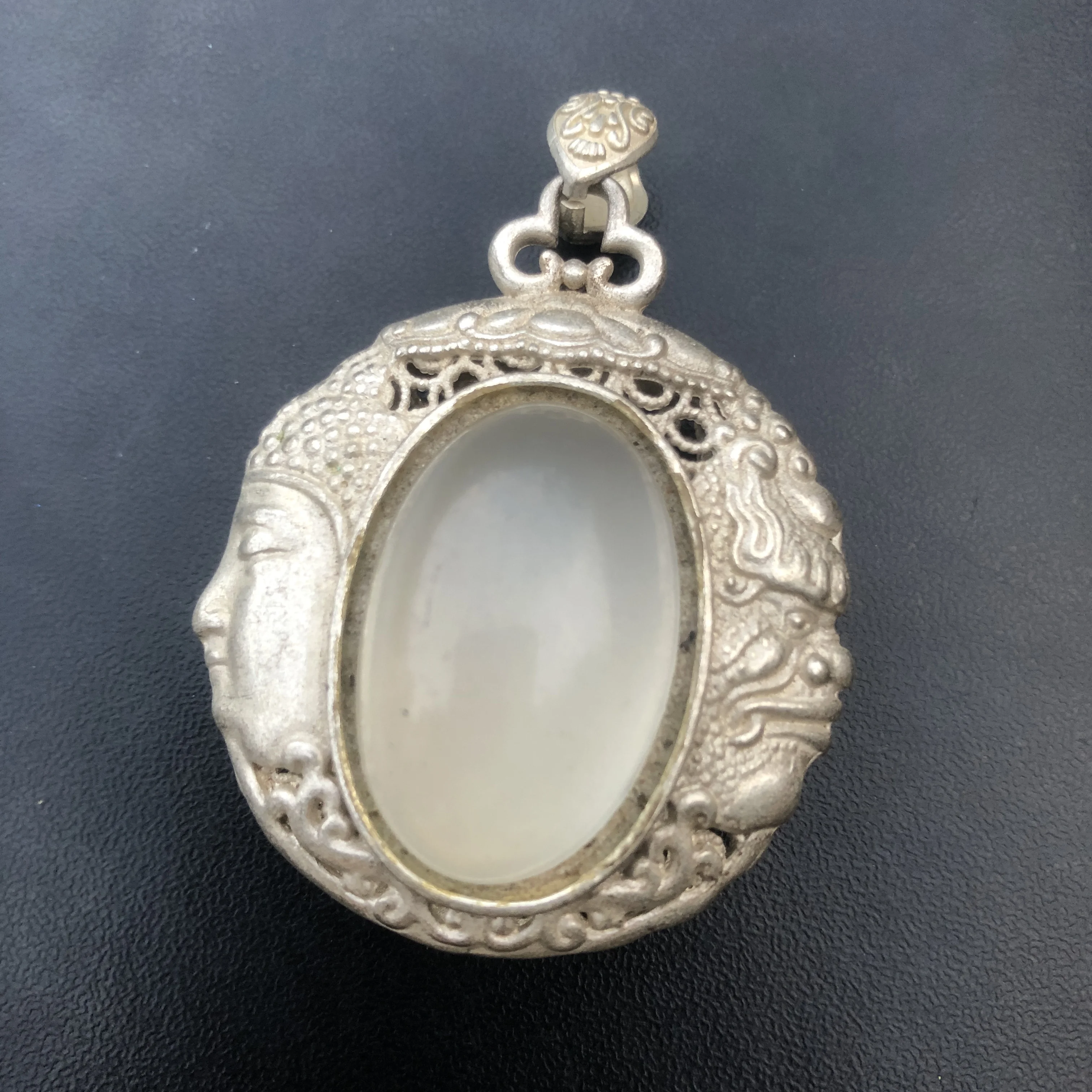 Vintage Tibetan Silver Double Sided Pendant Buddha Devil Face Carving Oval White Jade Inlaid Hollow Guanyin Amulet Retro Chinese