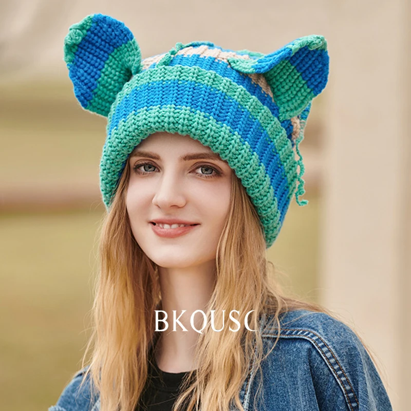 BKQUSC Knitted Cute Cat Ear Beanies for Women Winter Warm Thick Striped Knitting Bonnet Cap Female Big Head Skullies Beanies Hat
