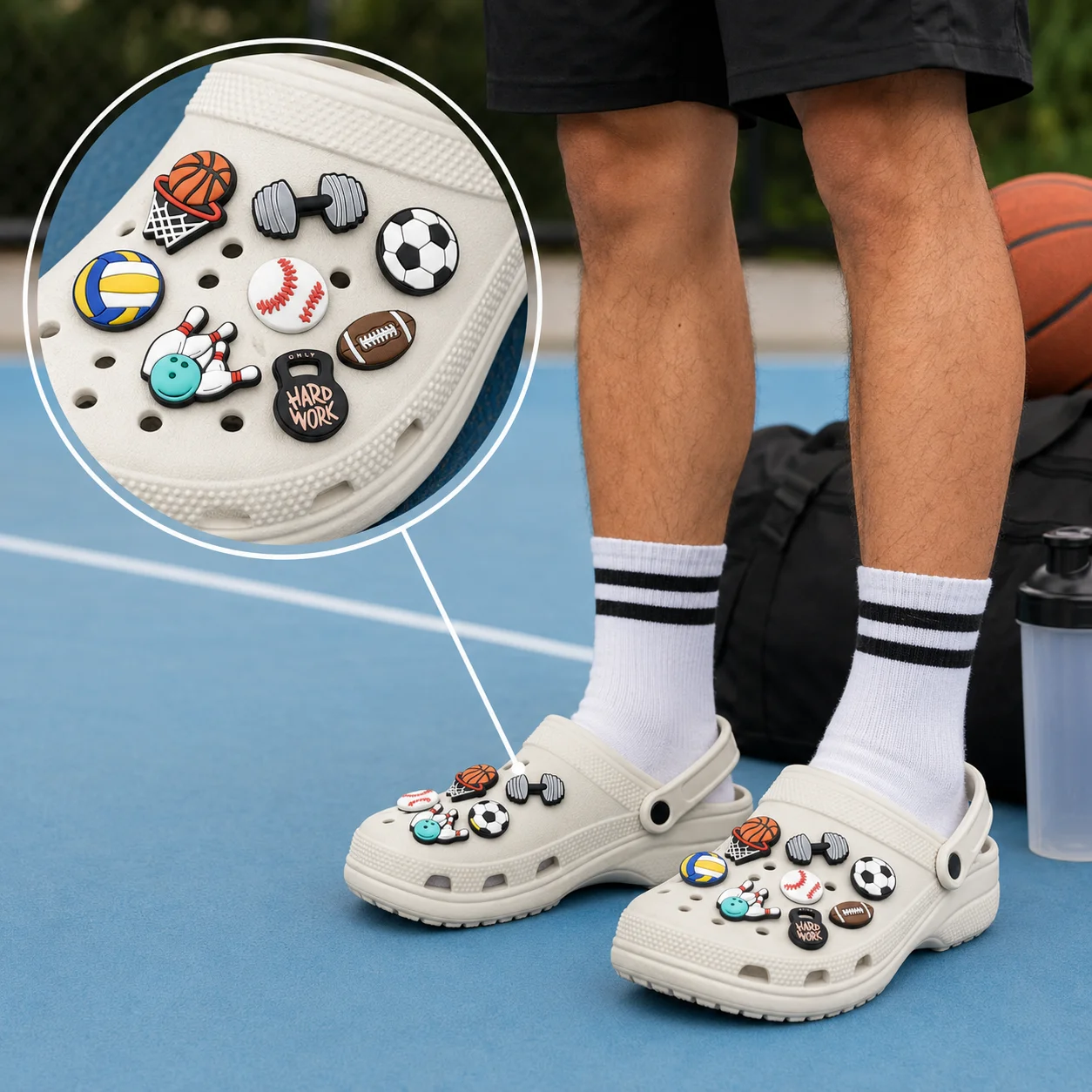 1/24 PCS Classic Trendy Ball Sports Shoe Charms,Baseball Soccer Rugby Charms for Shoes,Dumbbell Basketball Sandals Clogs Buckles