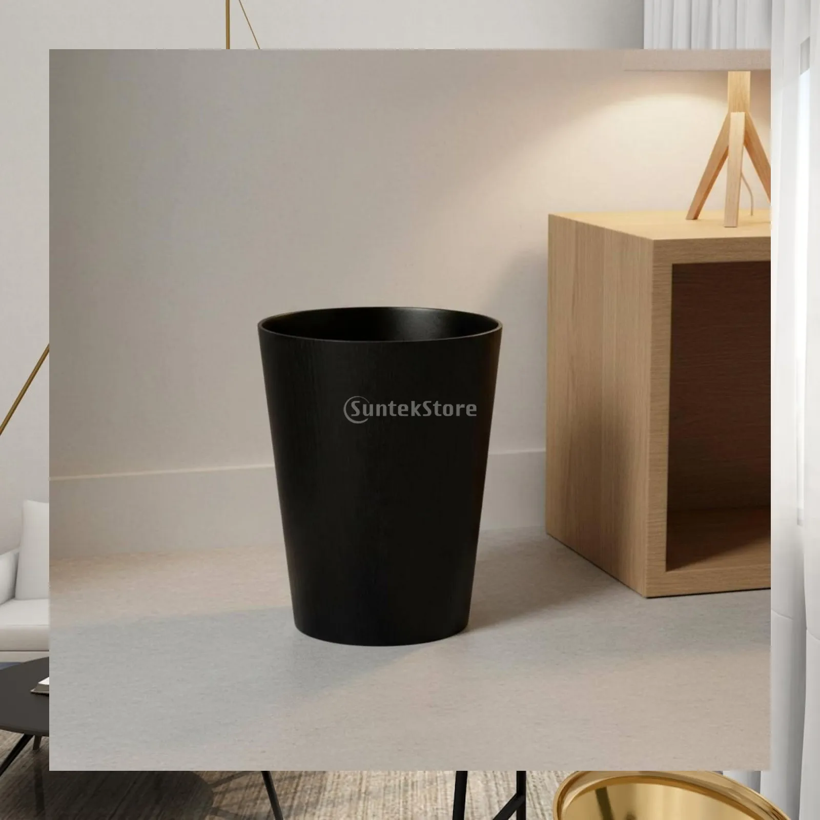Elegant Wood Grain Trash Can with Swing Lid Compact 10L Garbage Bin for Bathroom Living Room