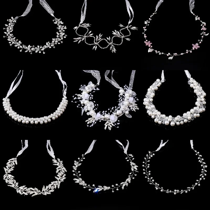 Crystal Pearl Rhinestone Headband Tiara For Women Bride Silver Color Bridal Wedding Hair Accessories Jewelry Vine Band Hairband