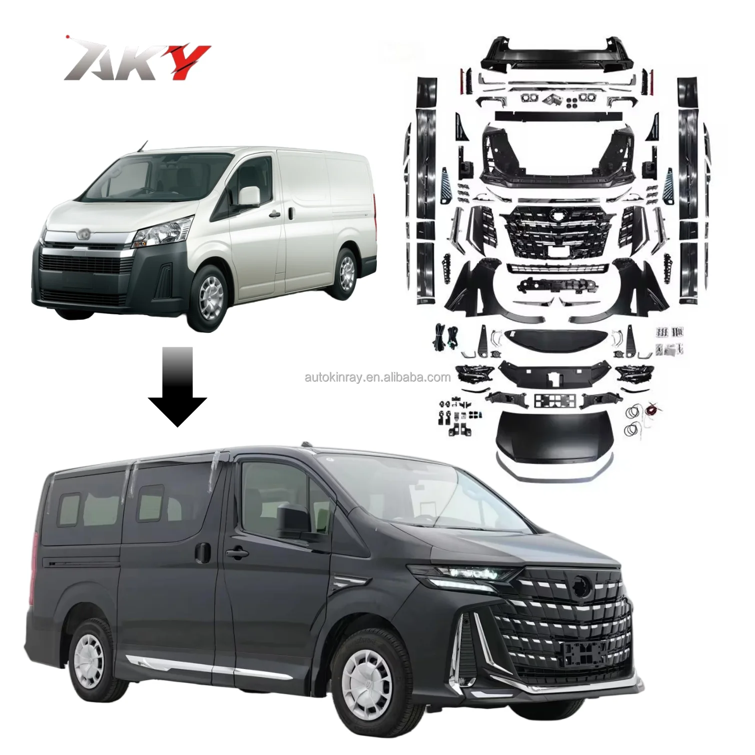 

Новинка 2025 года: Комплект обвеса для Toyota Hiace 2019- (обновление до стиля Alphard 40 серии) — передний и задний бамперы, решетка радиатора 2025