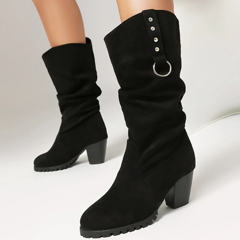 

Large Size 48 Women's Black Mid-calf Boots Winter Autumn Shoes Faxu Sude Mother Boot Block Heels Footwear Party Shoes Lady