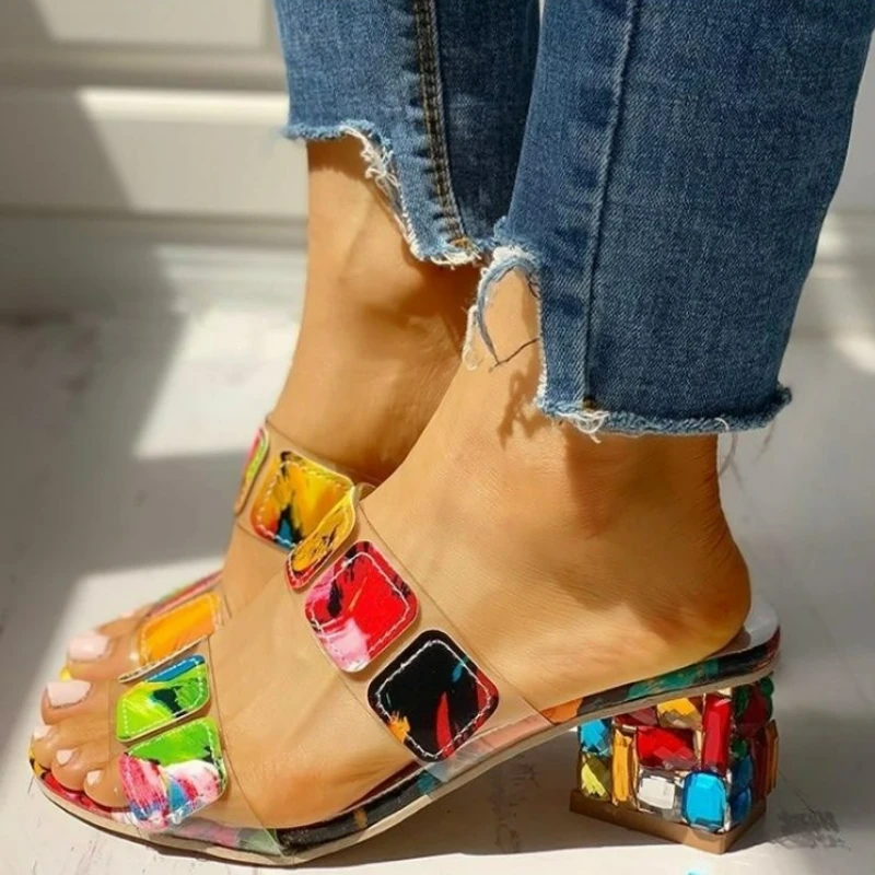 Women Sandals Square Heels Slippers Peep Toe Colorful High Heels Fashion Lightweight Medium Heel Sandals Outdoor Slip on Sandals