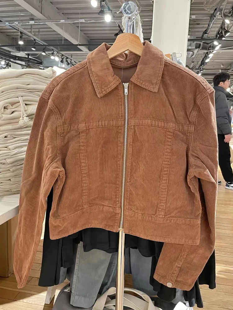 Vintage Brown Corduroy Short Jacket Women Casual Turn Down Collar Autumn Cotton Flight Jacket Harajuku Solid Streetwear Tops