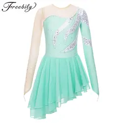Kids Girls Sequins Ballet Gymnastics Leotard Mesh Splice Chiffon Figure Skating Dress Ice Skating Clothes Ballerina Costumes