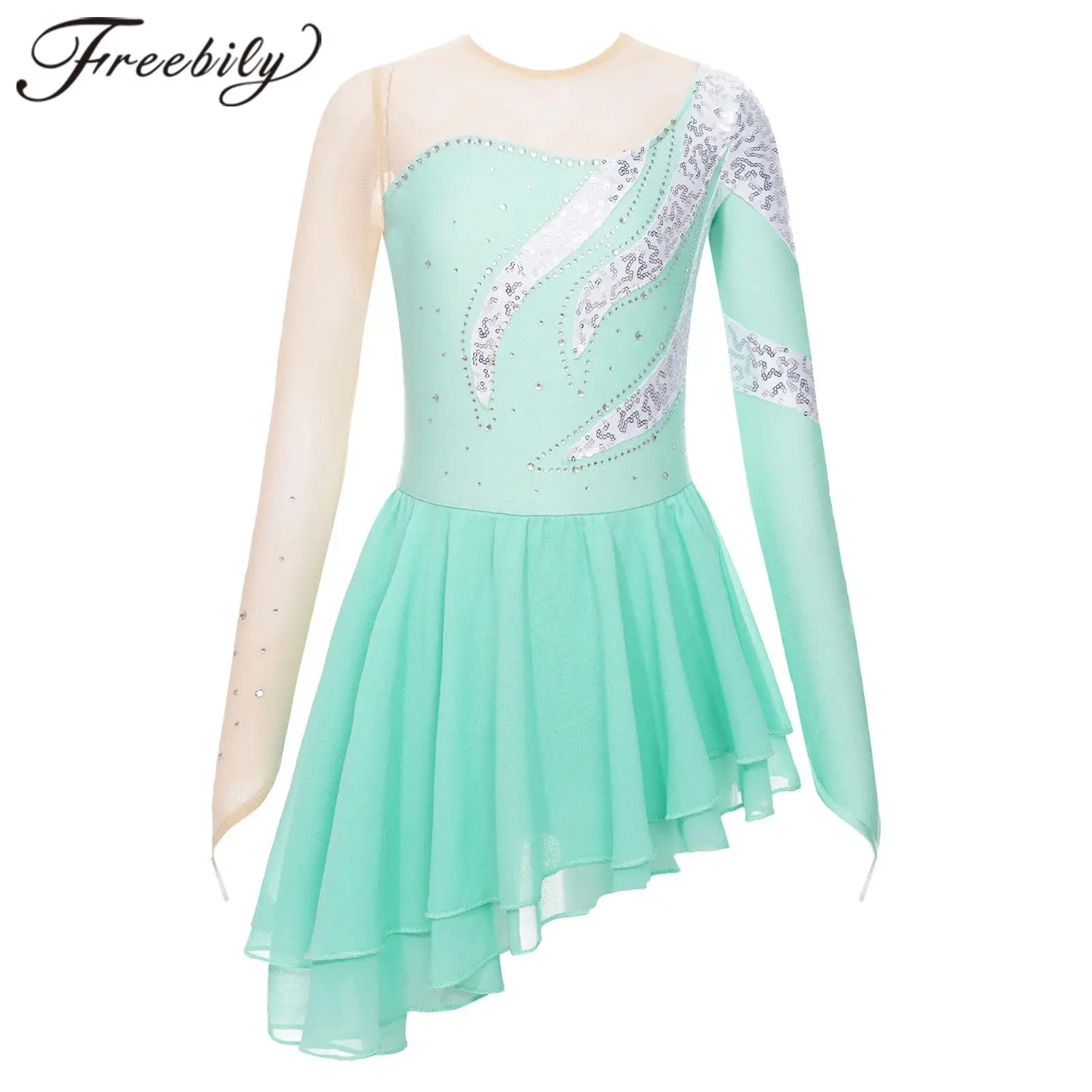 Kids Girls Sequins Ballet Gymnastics Leotard Mesh Splice Chiffon Figure Skating Dress Ice Skating Clothes Ballerina Costumes