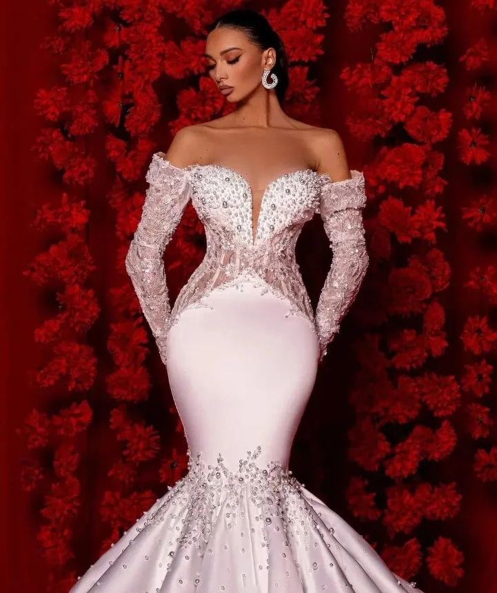 Customized  Mermaid Sexy White Women's Strapless Wedding Dress Diamond Applique Floor-length New Wedding Clothes