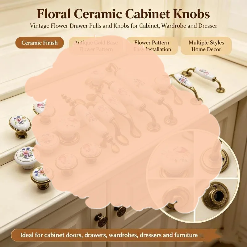 1 Set European Flower Pattern Ceramic Cabinet Handles Non-Slip Drawer Pulls for Dresser Closet Storage Door Home Decor