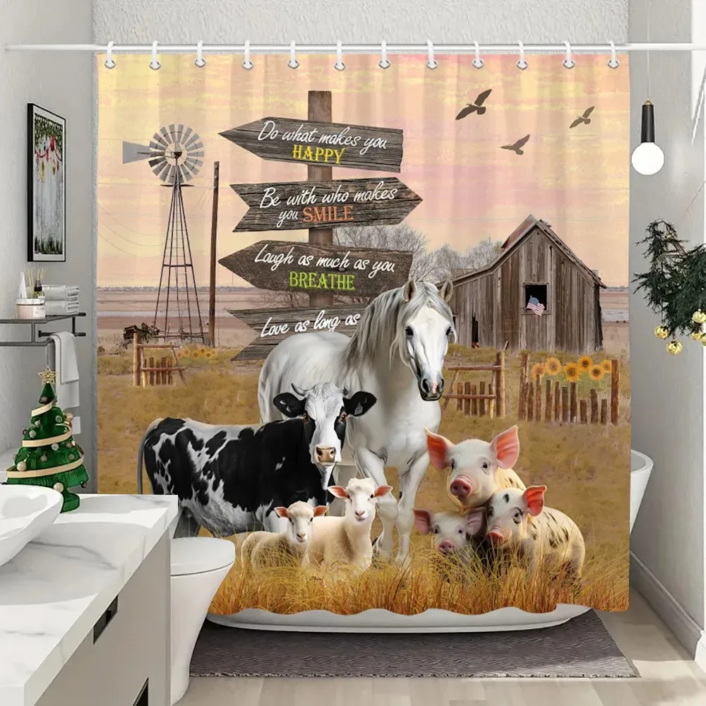 Farm Animals Highland Cattle Shower Curtain Rustic Rustic Farmhouse Plank Vintage Style Washable Shower Curtains Bathroom Decor