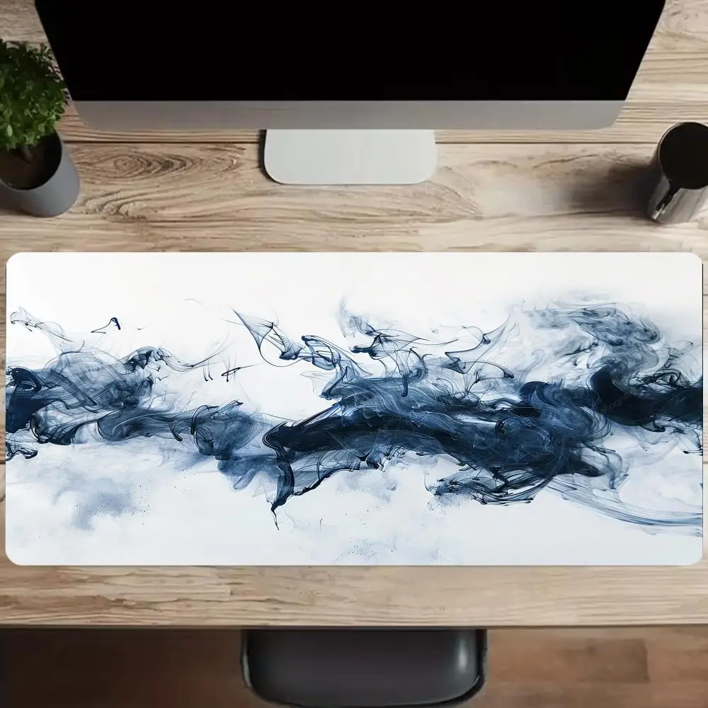 Abstract Blue Ink Big Size Cloth Gaming Desk Mat Anti-Fray Locked Edge Mouse Pad For Computer Laptop Daily Game Working Use