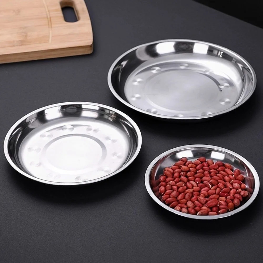 Non-Magnetic Stainless Steel Plates 14-28cm Multi-Size Reusable Deep Dinner Plates Deep Design Round Shape Flat Dinnerware