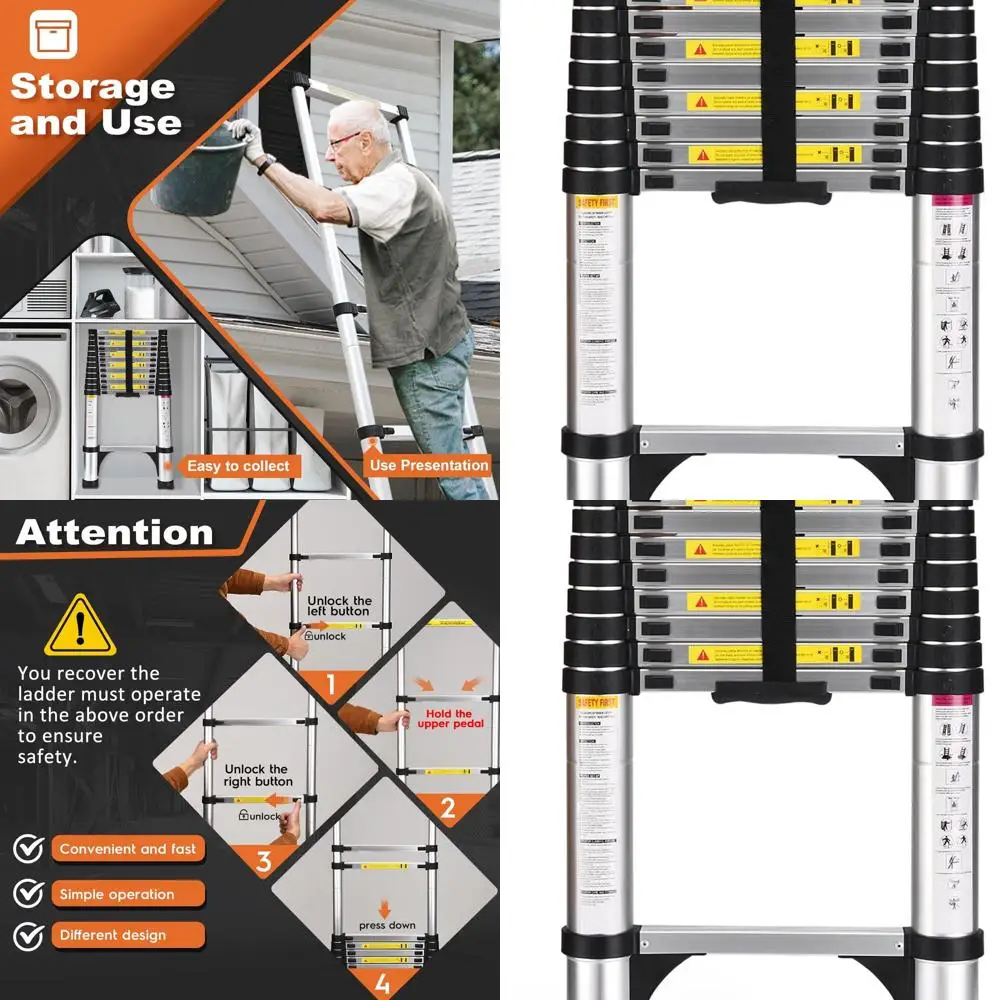 12.5-Foot Aluminum Telescoping Ladder, 330lbs Capacity, with Stabilizers for Outdoor & RV Use