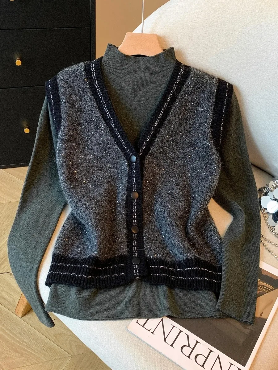 Women's High-End iny Sequin Knitted Vest Top f High Collar Base irt Two-Piece Set Commute Sle Slim Fit Long Sve
