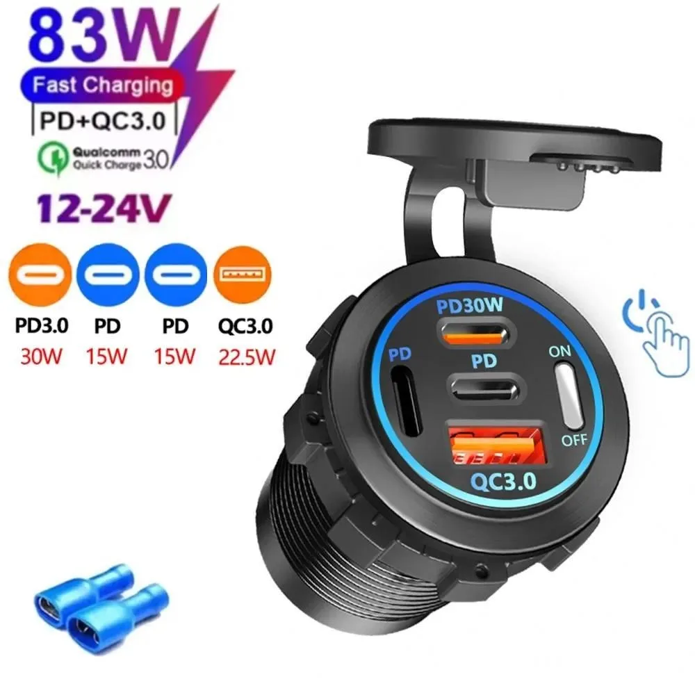 83W PD QC3.0 4-Port Car Charger Socket with ON-OFF Switch, 12-24V Universal Type-C USB Fast Charger for Motorcycle Truck RV Boat